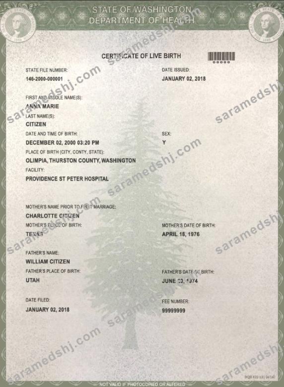 USA Washington state birth certificate template in PSD format